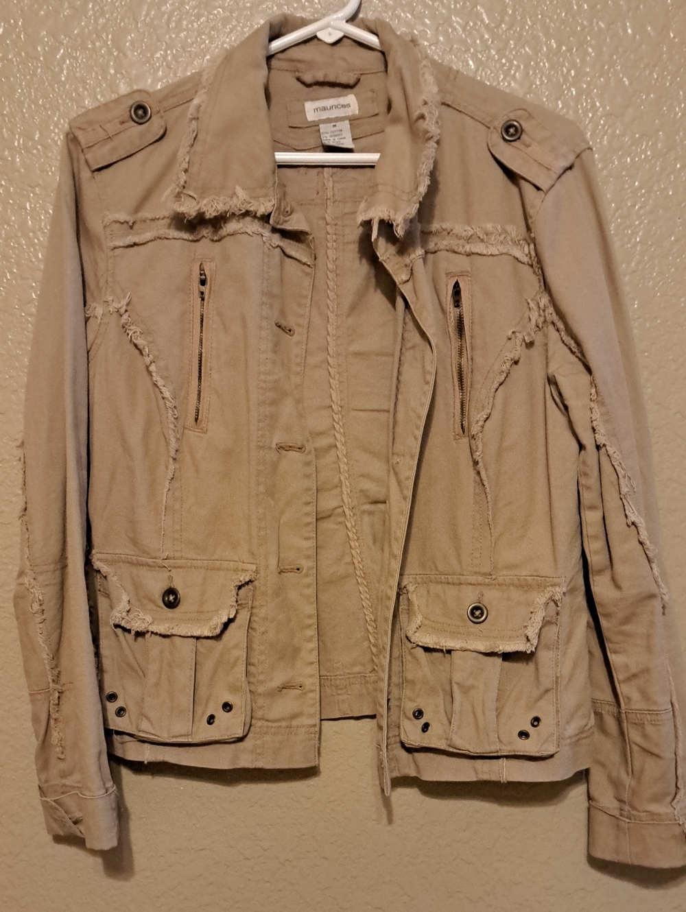 Maurices Khaki Distressed Utility Jacket. Size M.